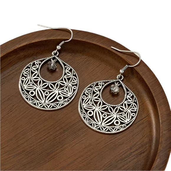 Boho Silver Cut Metal Design Hoop Drop Earrings - Picture 5 of 6